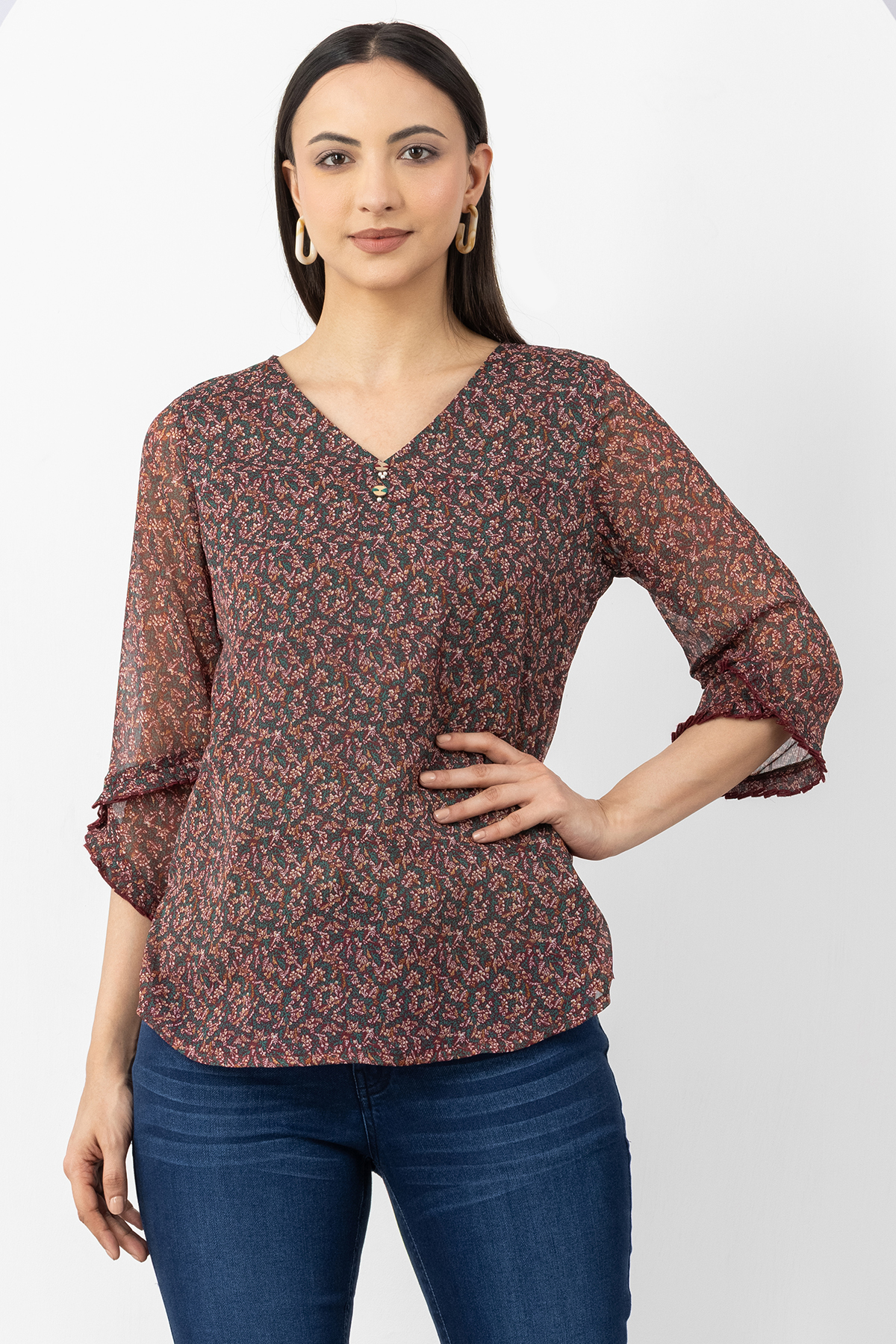 brown chiffon top printed v neck with 3/4 sleeves regular fit