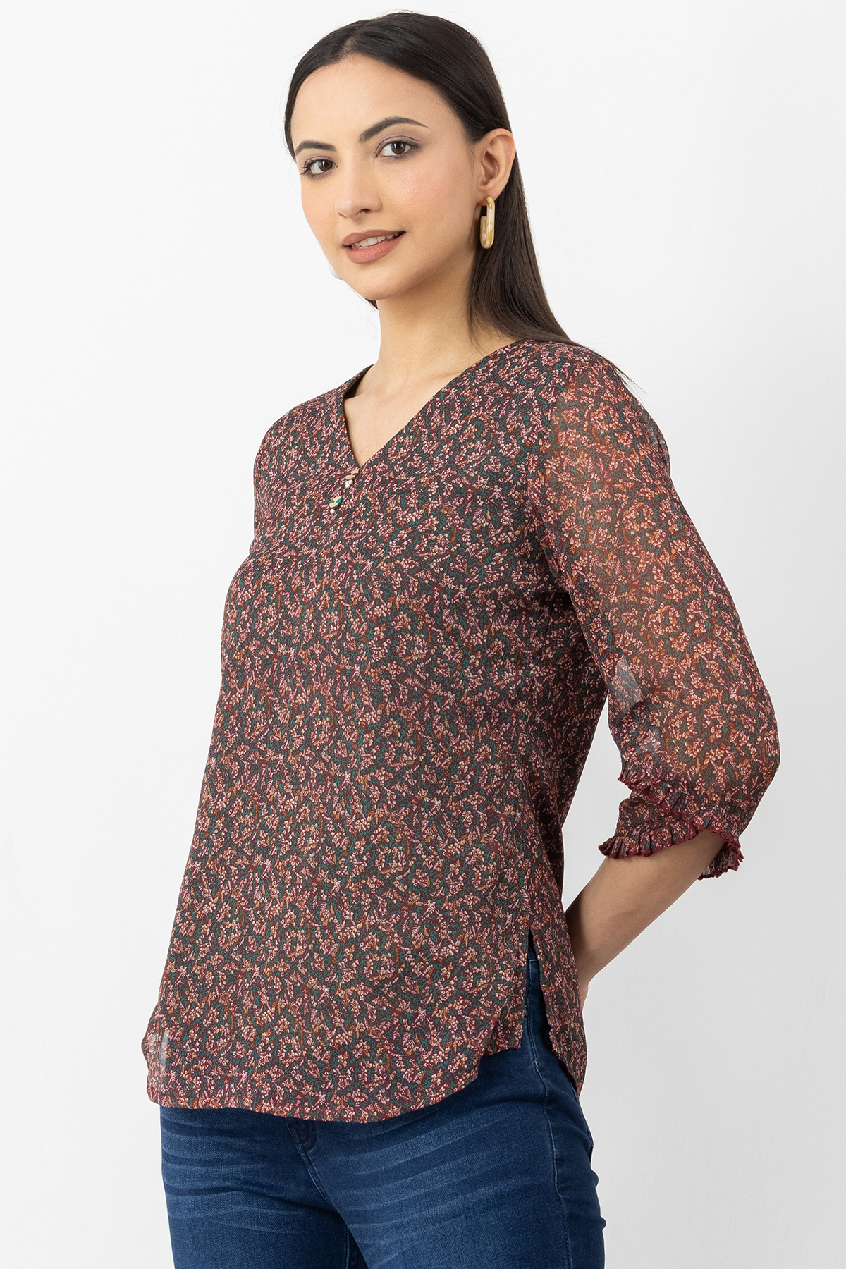 brown chiffon top printed v neck with 3/4 sleeves regular fit