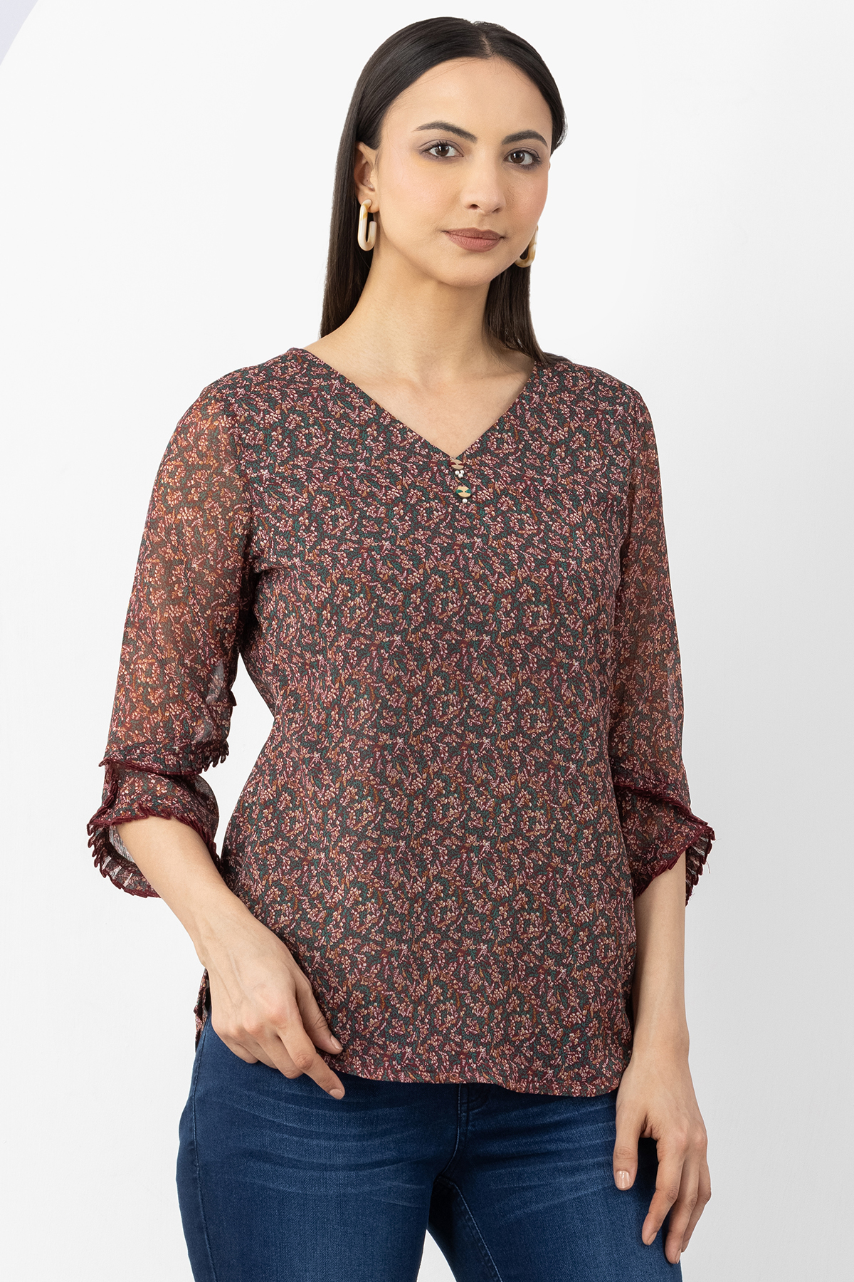 brown chiffon top printed v neck with 3/4 sleeves regular fit