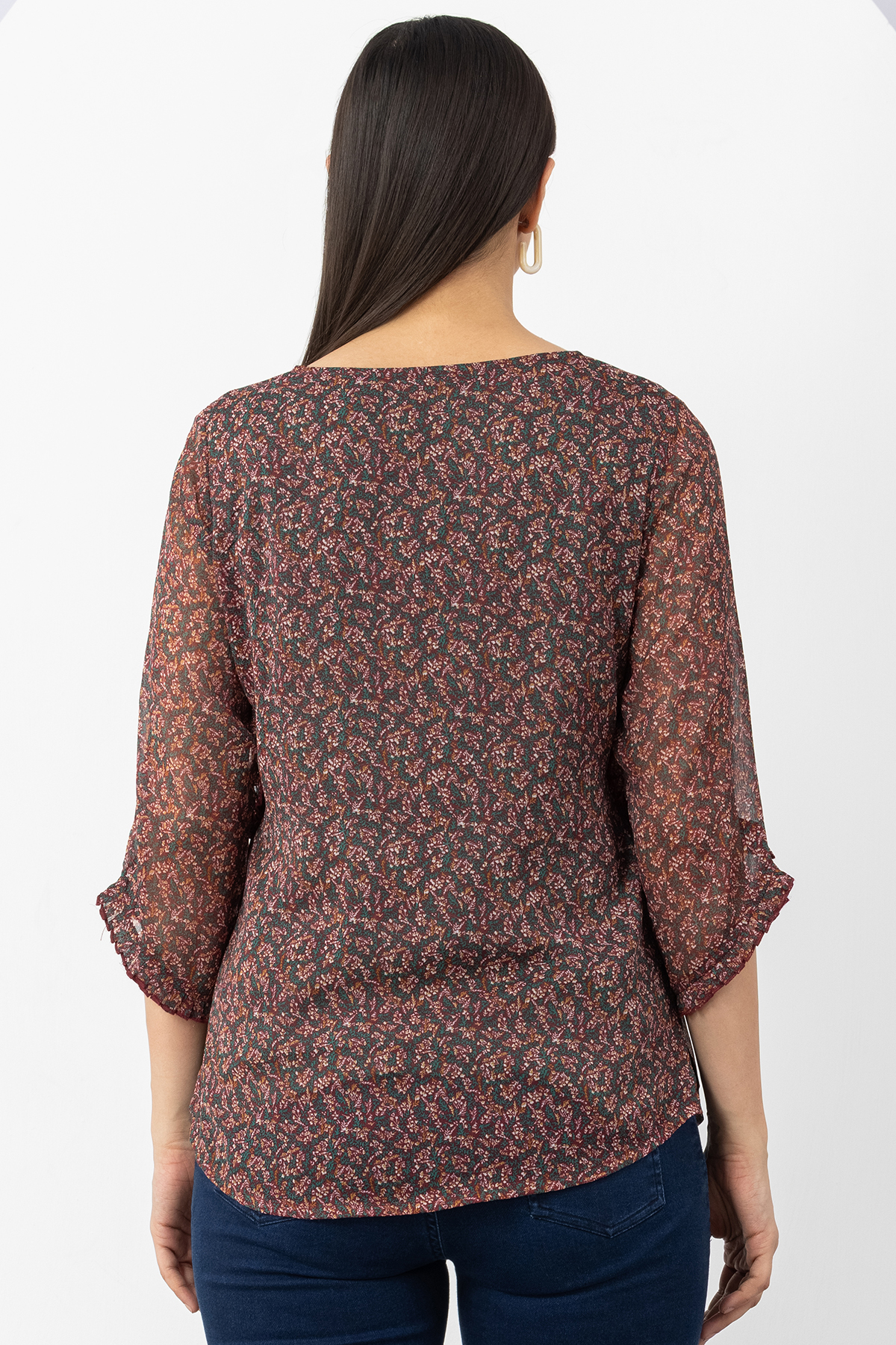 brown chiffon top printed v neck with 3/4 sleeves regular fit