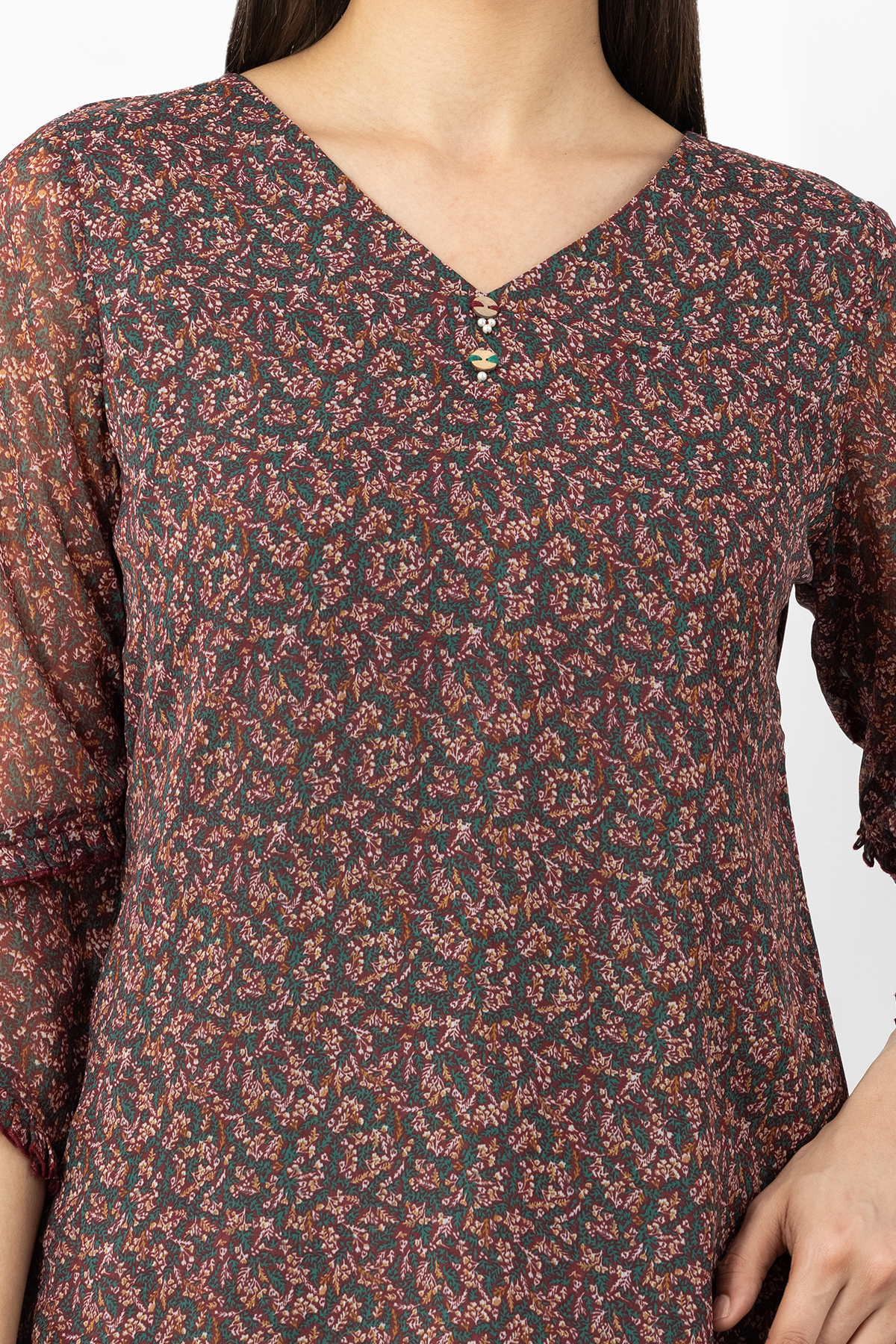 brown chiffon top printed v neck with 3/4 sleeves regular fit