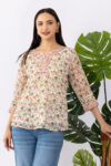 chiffon top women cream printed round neck with 3/4 sleeves