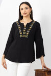 women's black top embroidered viscose crepe round neck 3/4 sleeves regular fit