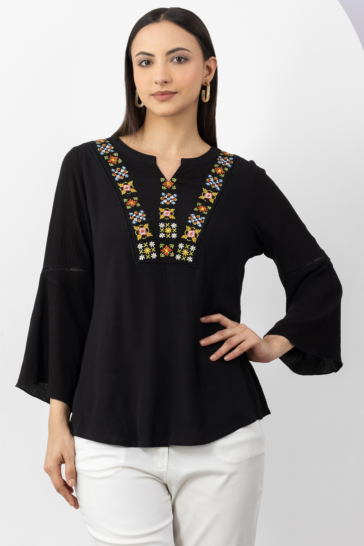women's black top embroidered viscose crepe round neck 3/4 sleeves regular fit
