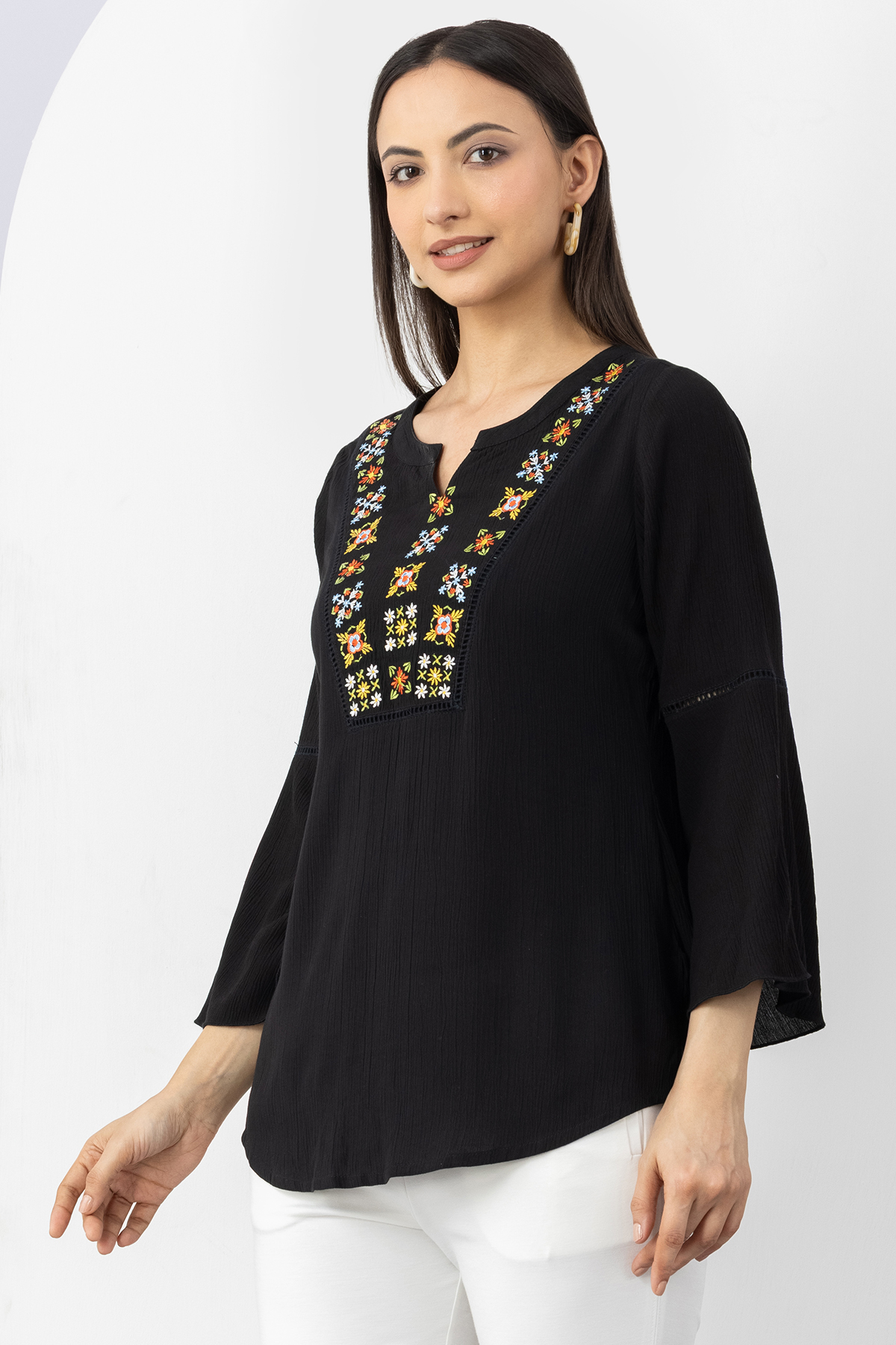women's black top embroidered viscose crepe round neck 3/4 sleeves regular fit