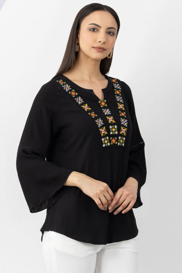 women's black top embroidered viscose crepe round neck 3/4 sleeves regular fit