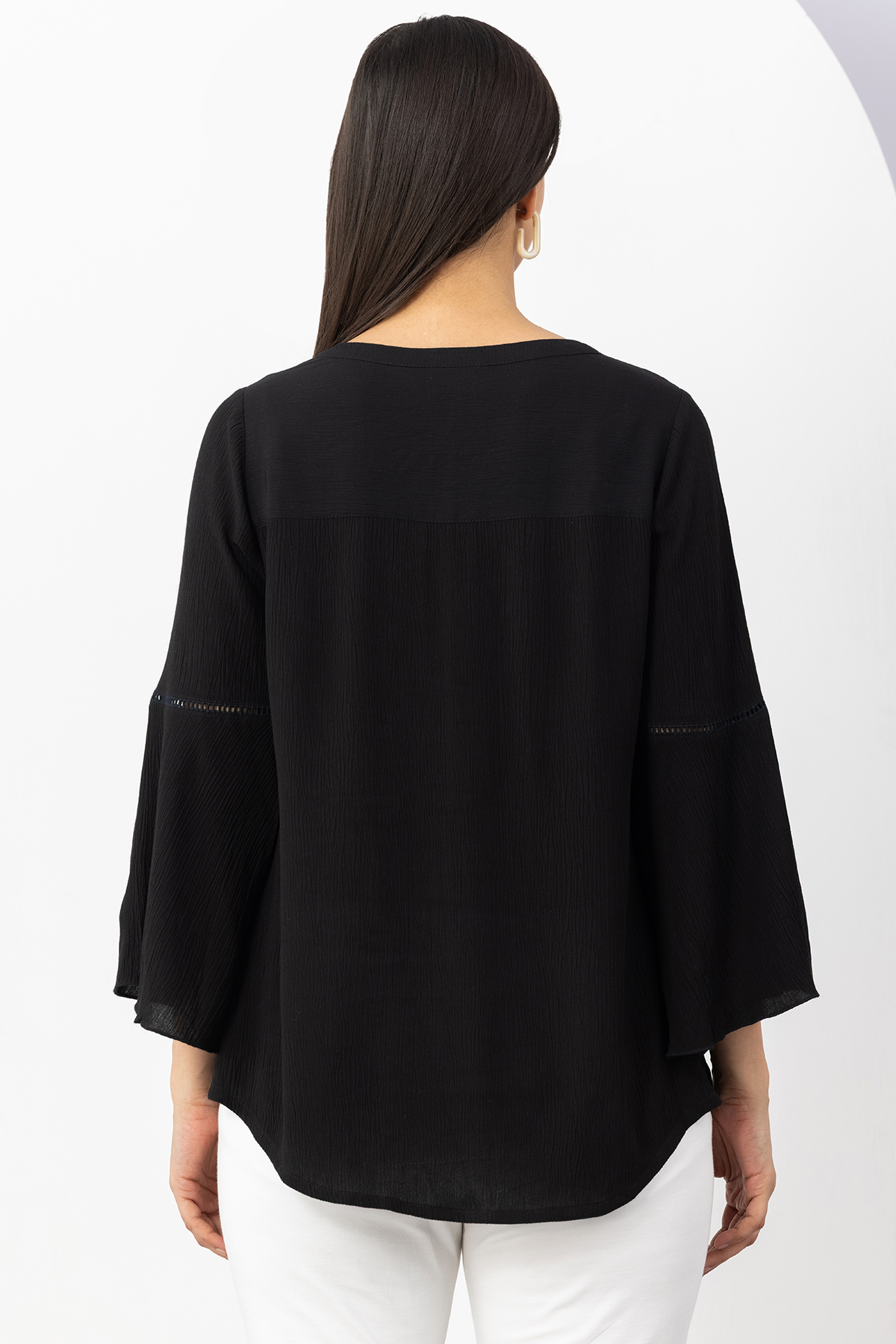 women's black top embroidered viscose crepe round neck 3/4 sleeves regular fit