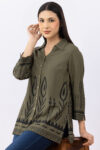woman printed shirt olive viscose collared with 3/4 sleeves