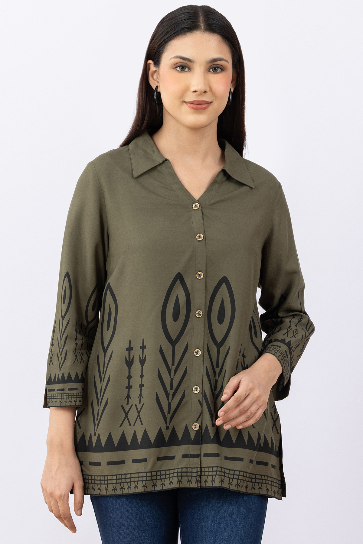 woman printed shirt olive viscose collared with 3/4 sleeves