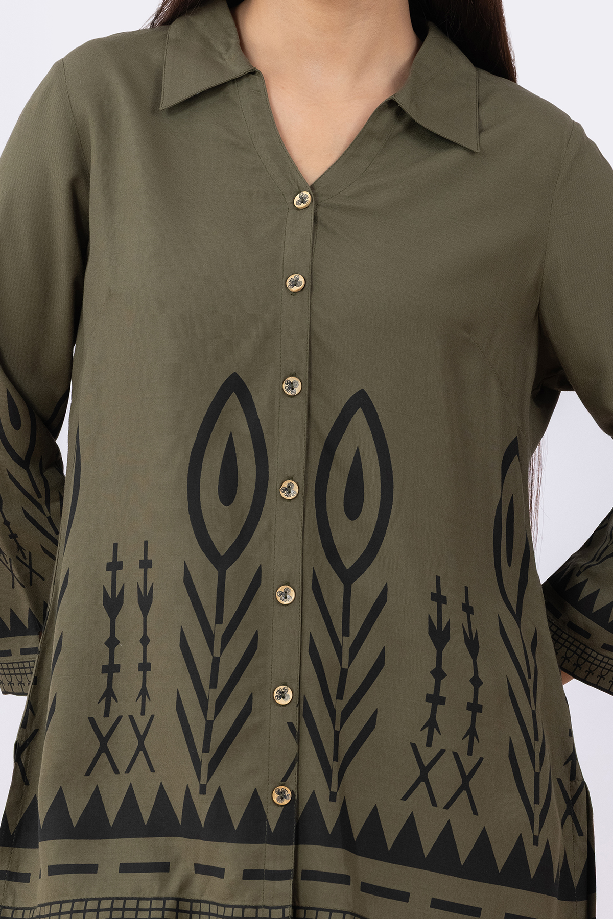 woman printed shirt olive viscose collared with 3/4 sleeves