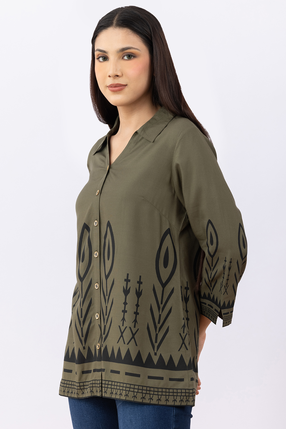 woman printed shirt olive viscose collared with 3/4 sleeves