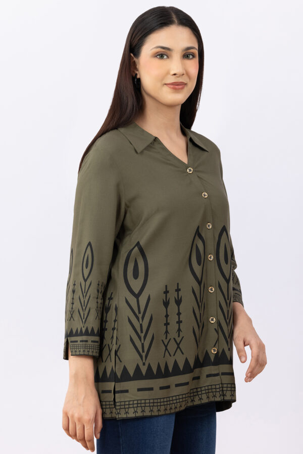 woman printed shirt olive viscose collared with 3/4 sleeves