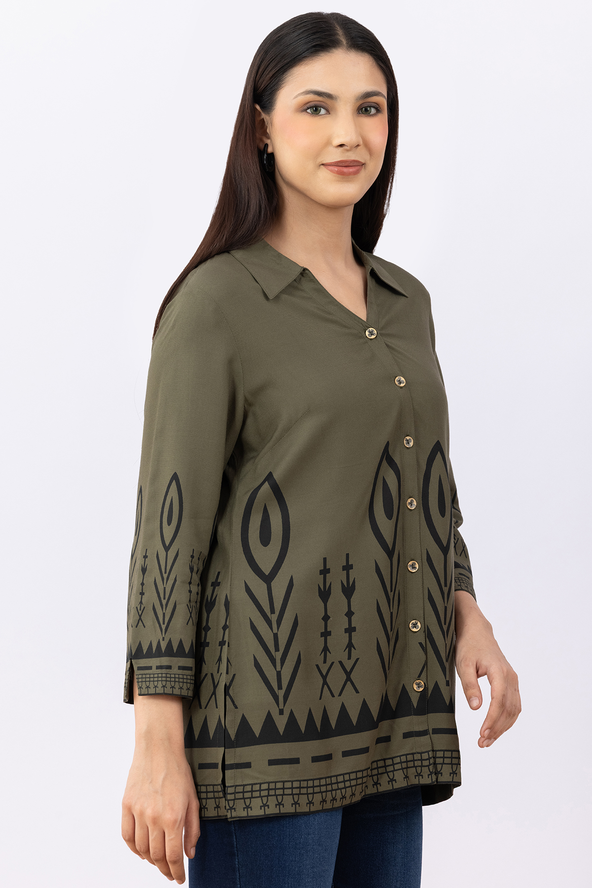 woman printed shirt olive viscose collared with 3/4 sleeves