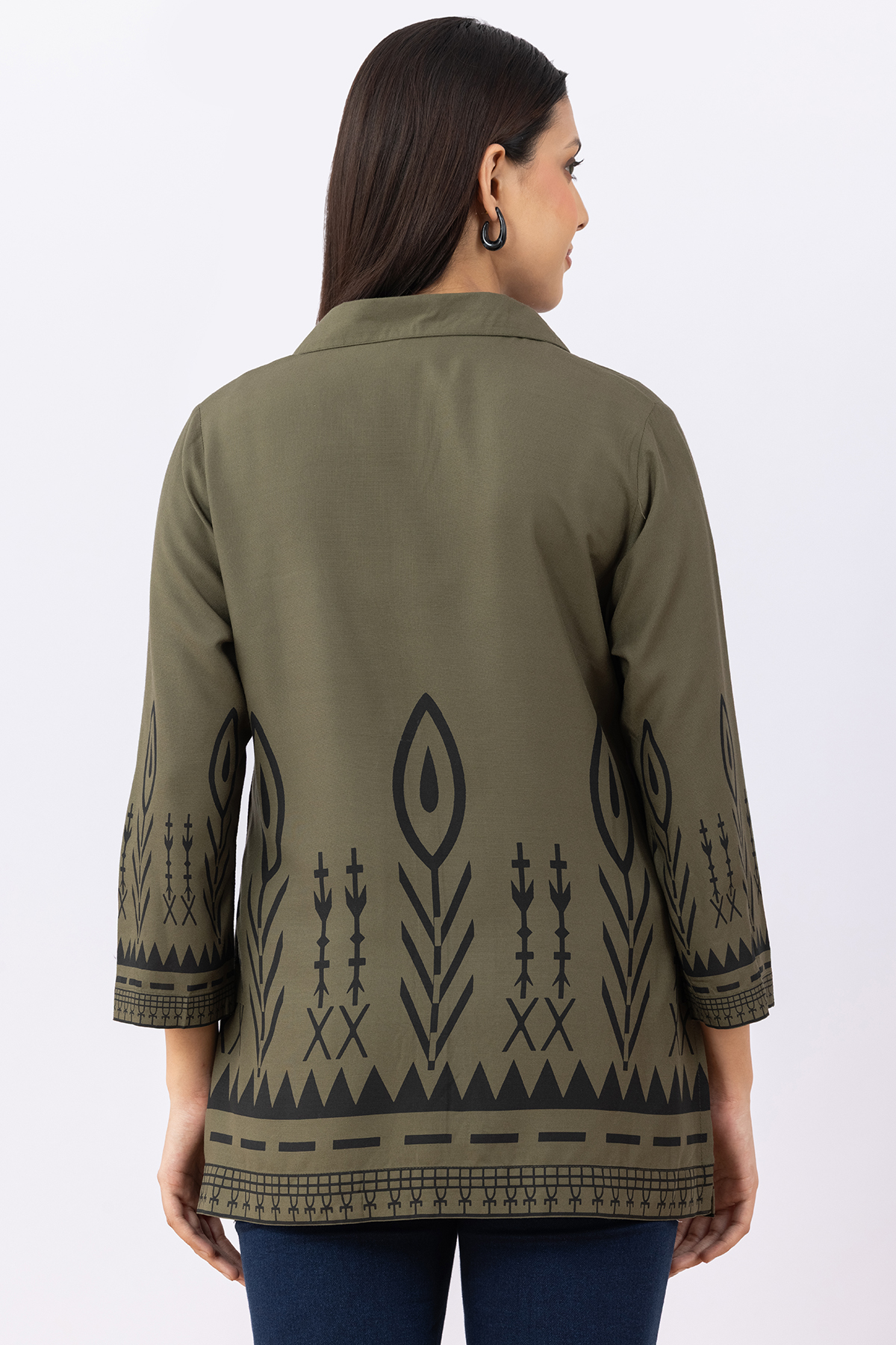 woman printed shirt olive viscose collared with 3/4 sleeves