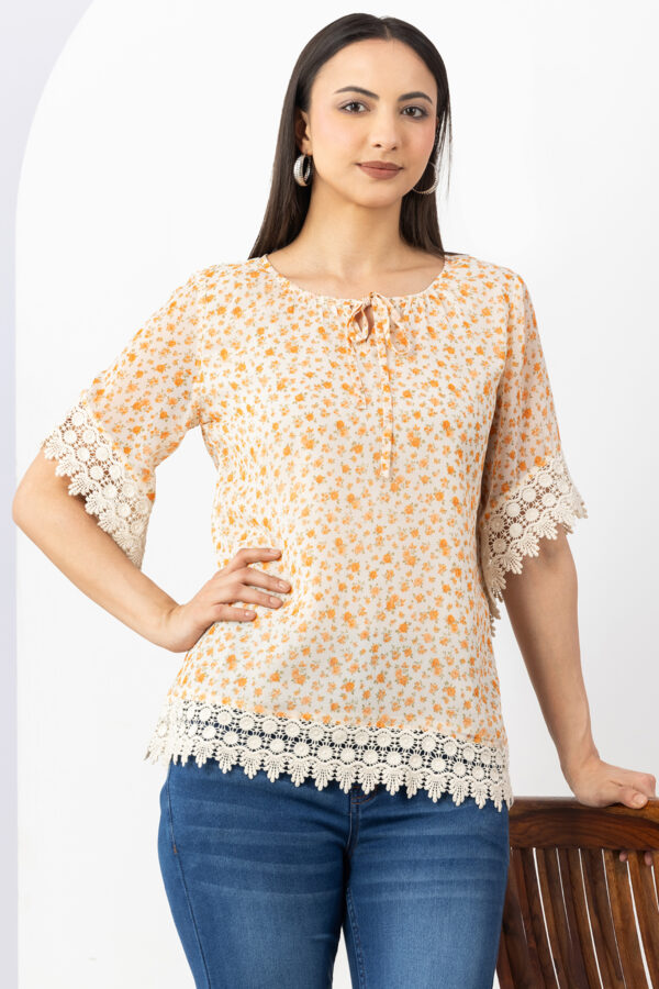 half sleeve top women orange printed chiffon round neck regular fit