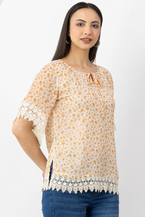 half sleeve top women orange printed chiffon round neck regular fit