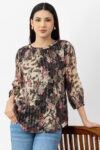 round neck top women brown printed chiffon with 3/4 sleeves