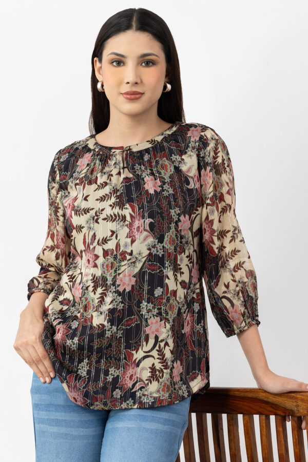 round neck top women brown printed chiffon with 3/4 sleeves