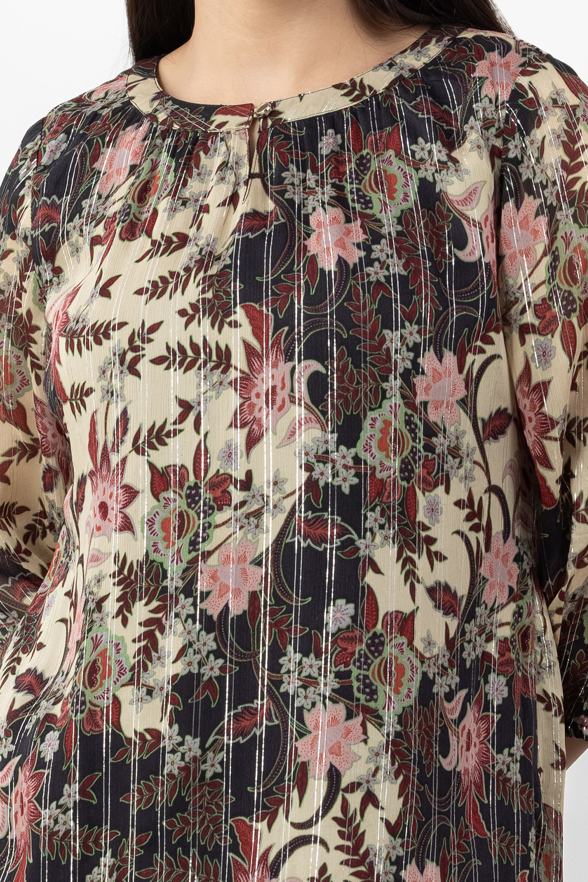 round neck top women brown printed chiffon with 3/4 sleeves