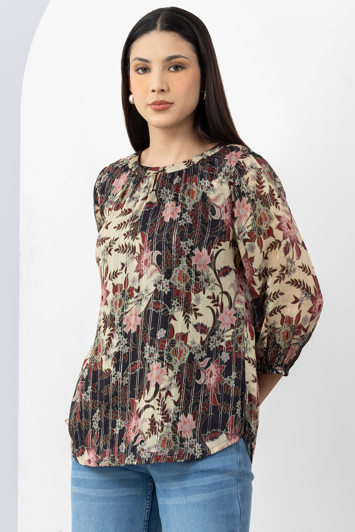 round neck top women brown printed chiffon with 3/4 sleeves