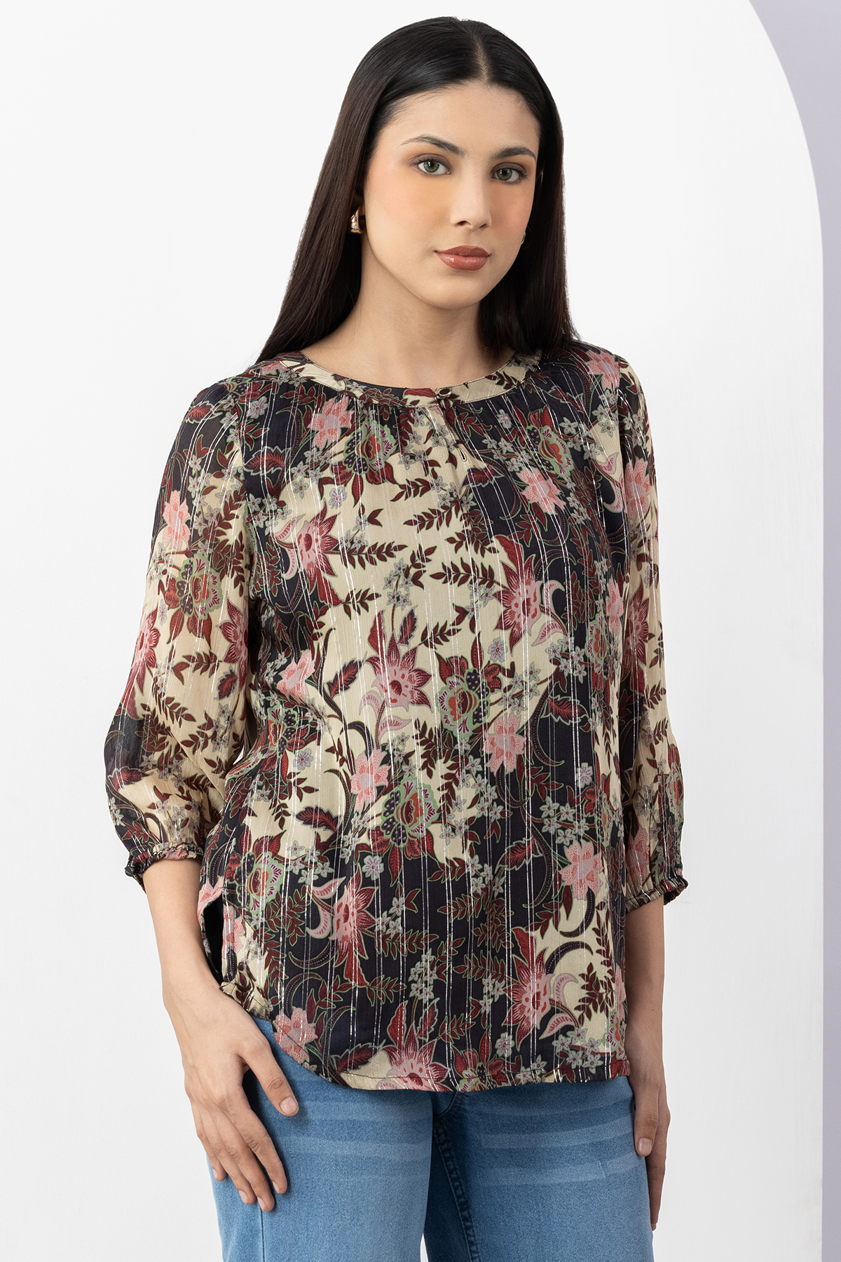 round neck top women brown printed chiffon with 3/4 sleeves