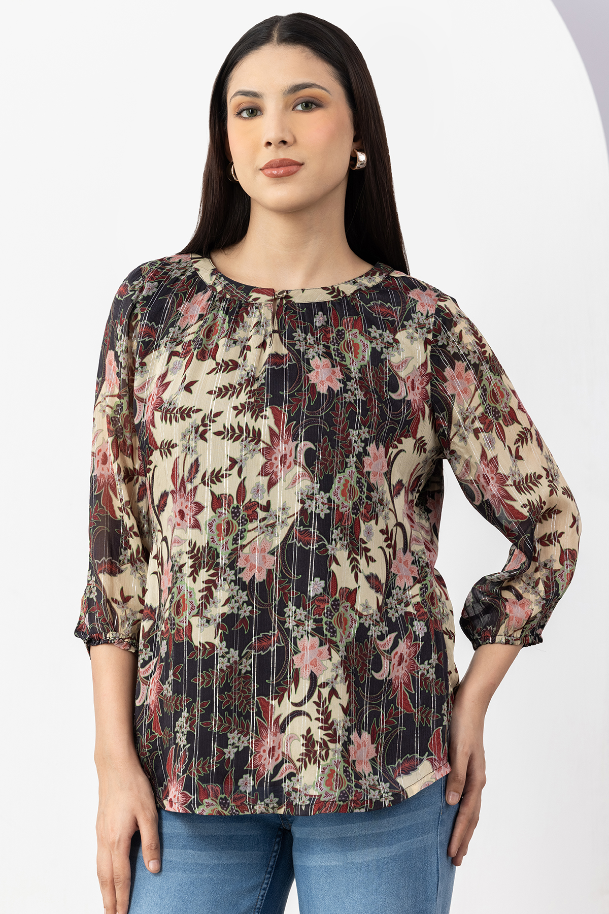 round neck top women brown printed chiffon with 3/4 sleeves