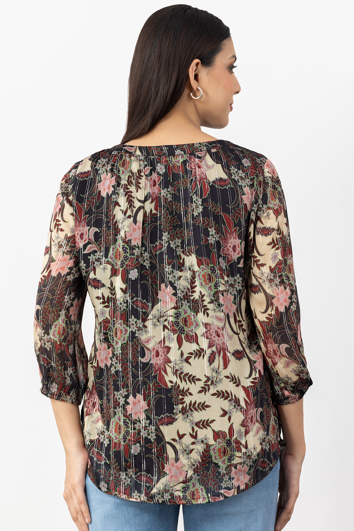 round neck top women brown printed chiffon with 3/4 sleeves