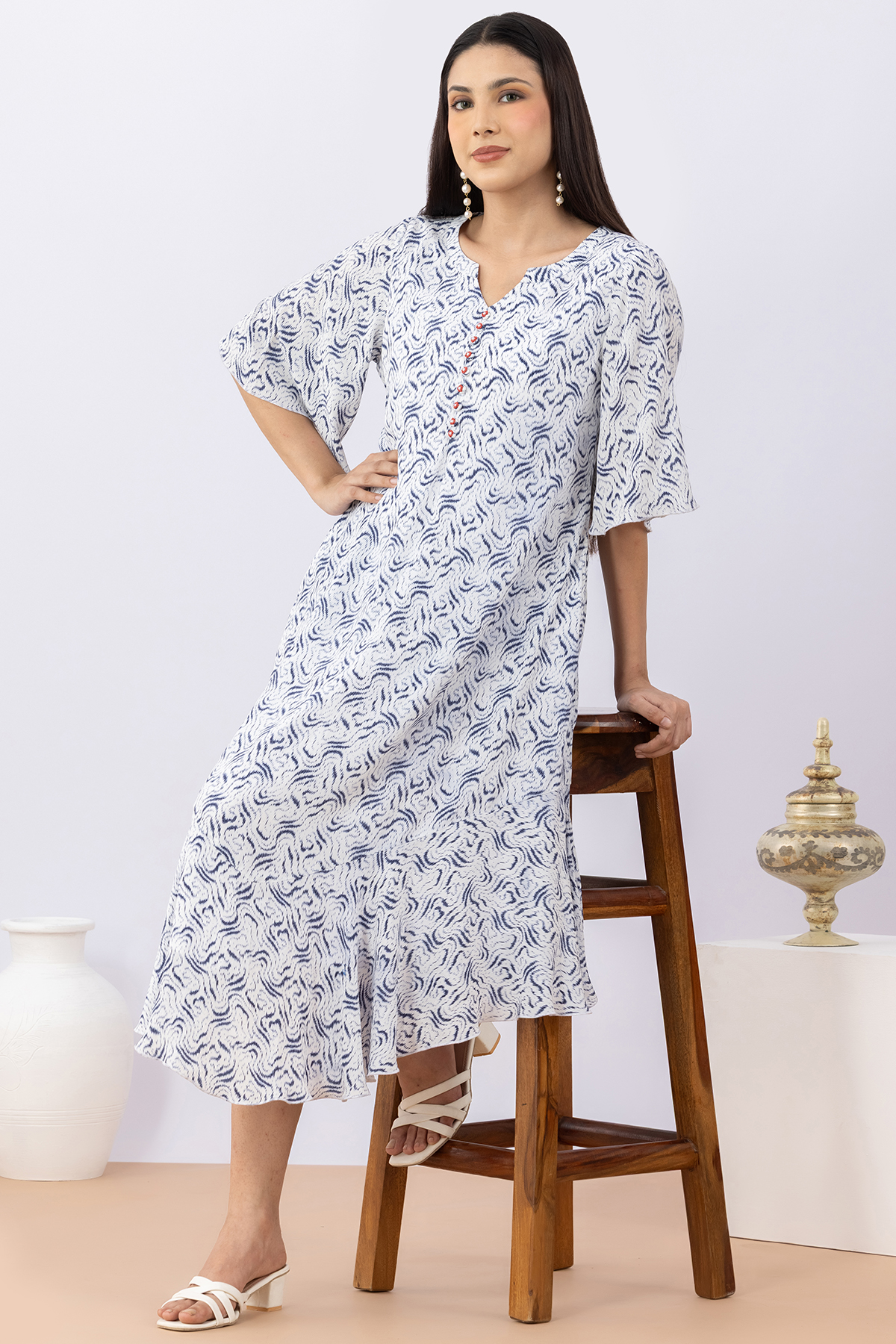 woman blue dress printed modal calci crepe round neck flared sleeves