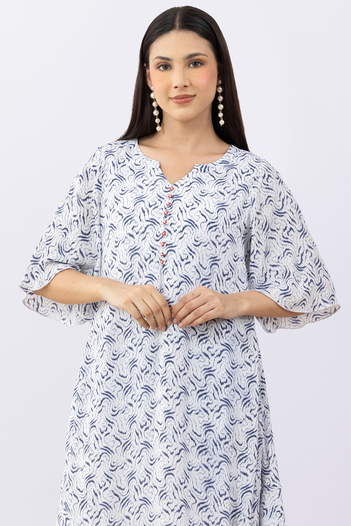 woman blue dress printed modal calci crepe round neck flared sleeves