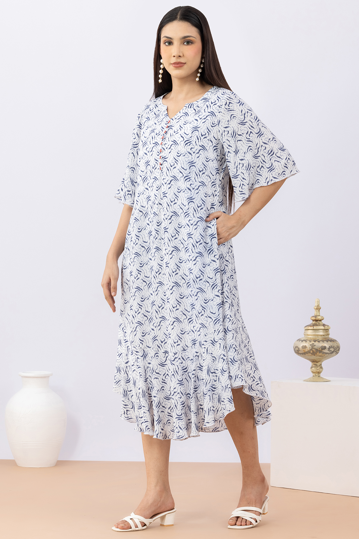 woman blue dress printed modal calci crepe round neck flared sleeves