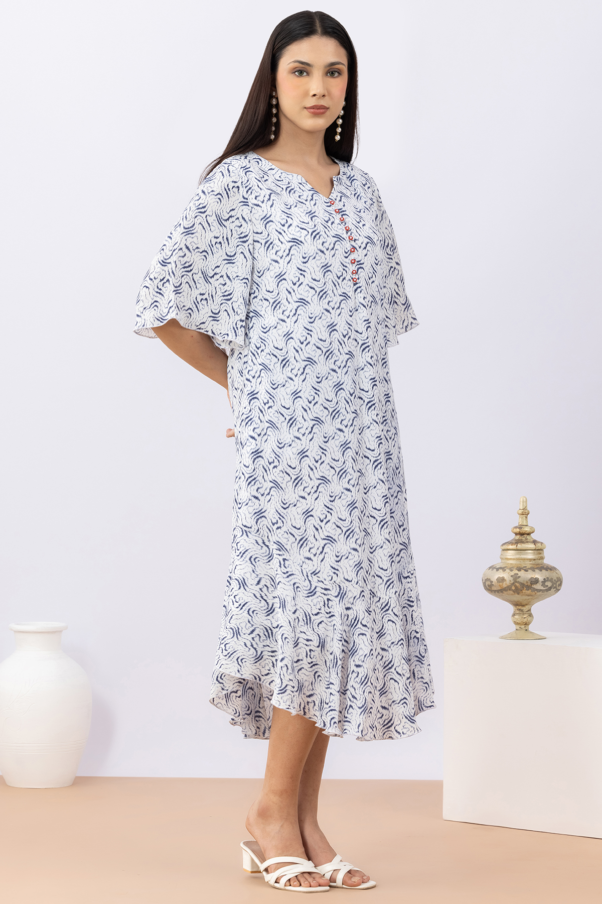 woman blue dress printed modal calci crepe round neck flared sleeves