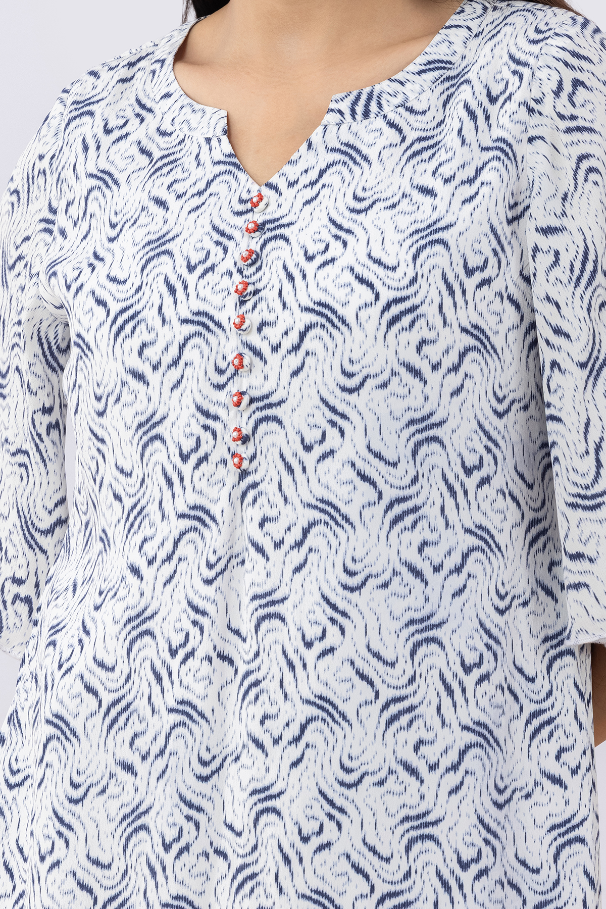 woman blue dress printed modal calci crepe round neck flared sleeves