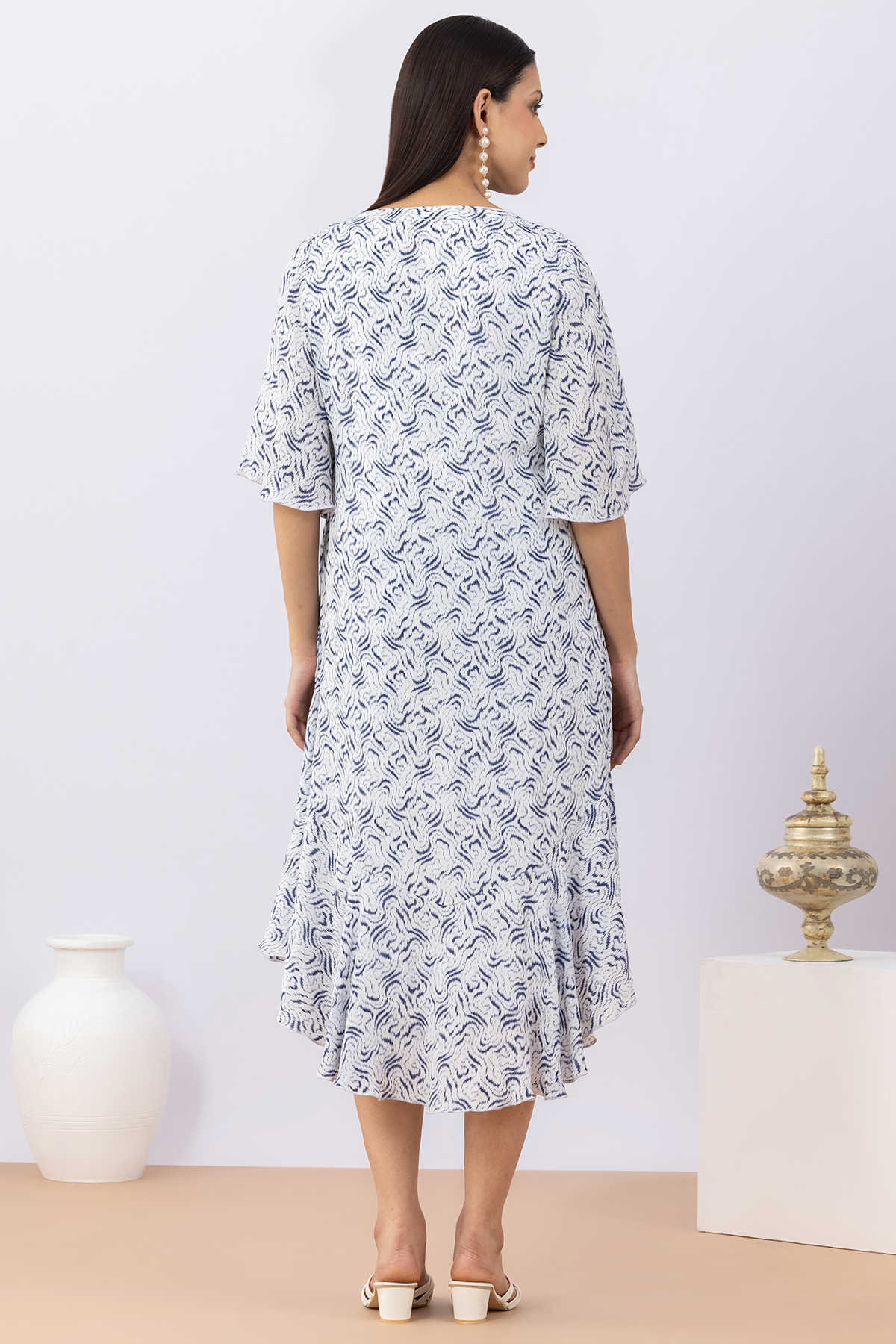 woman blue dress printed modal calci crepe round neck flared sleeves