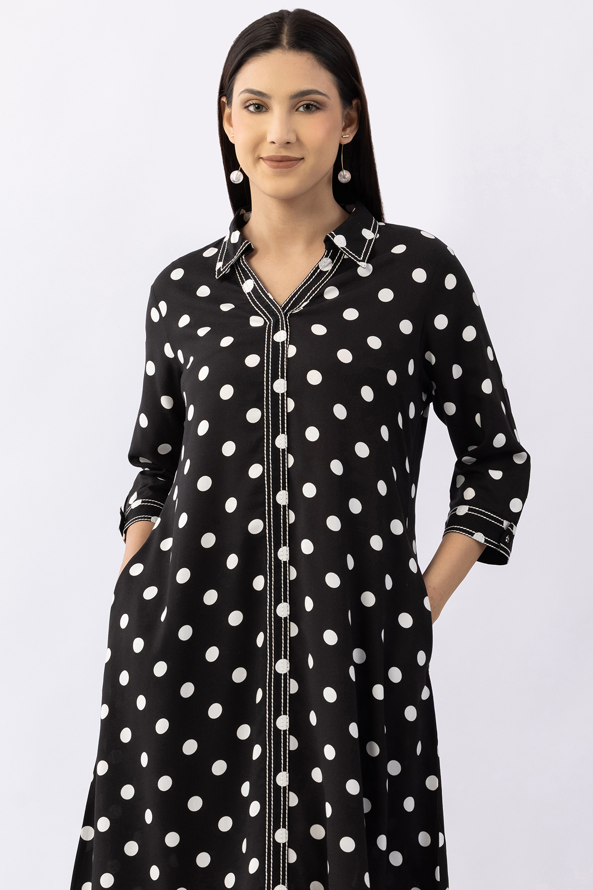 black printed dress viscose collared neck with 3/4 sleeves casual wear