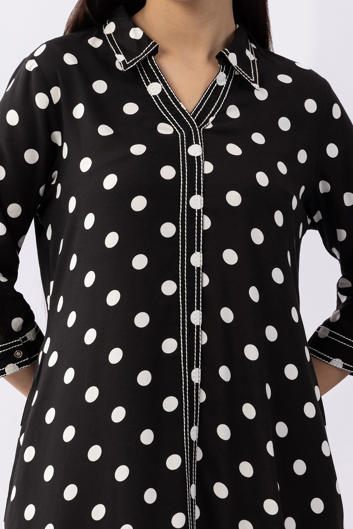 black printed dress viscose collared neck with 3/4 sleeves casual wear