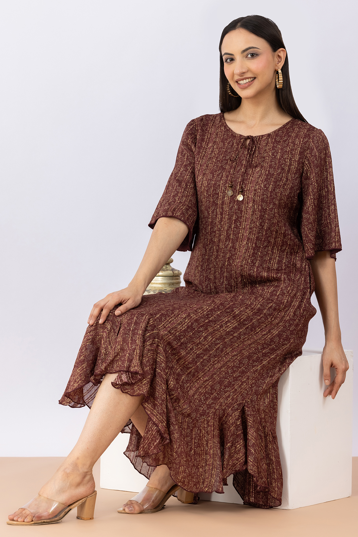 women printed dress brown viscose bamboo lurex round neck 3/4 sleeves