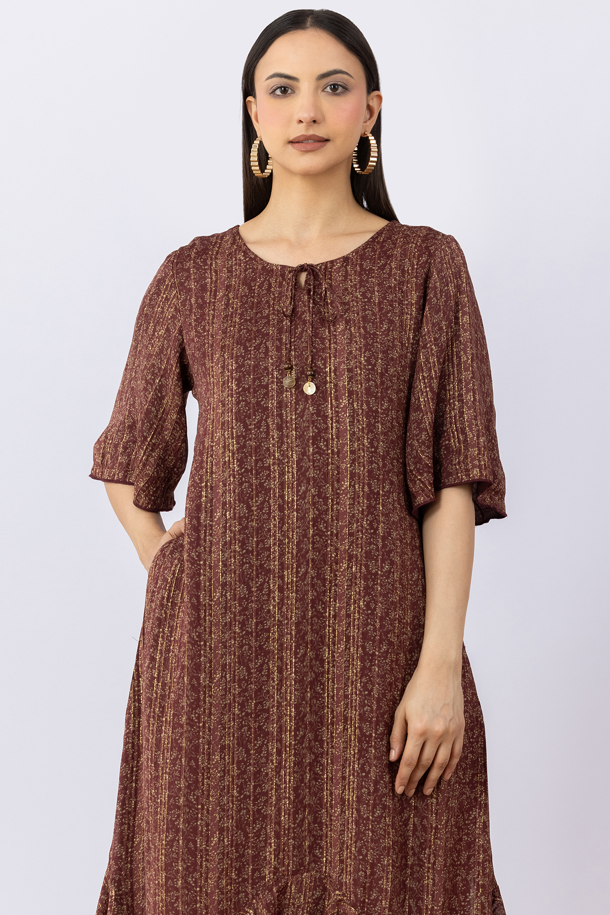 women printed dress brown viscose bamboo lurex round neck 3/4 sleeves