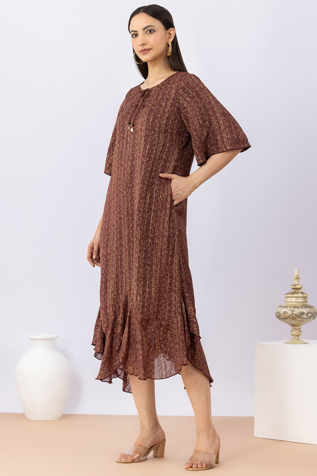 women printed dress brown viscose bamboo lurex round neck 3/4 sleeves