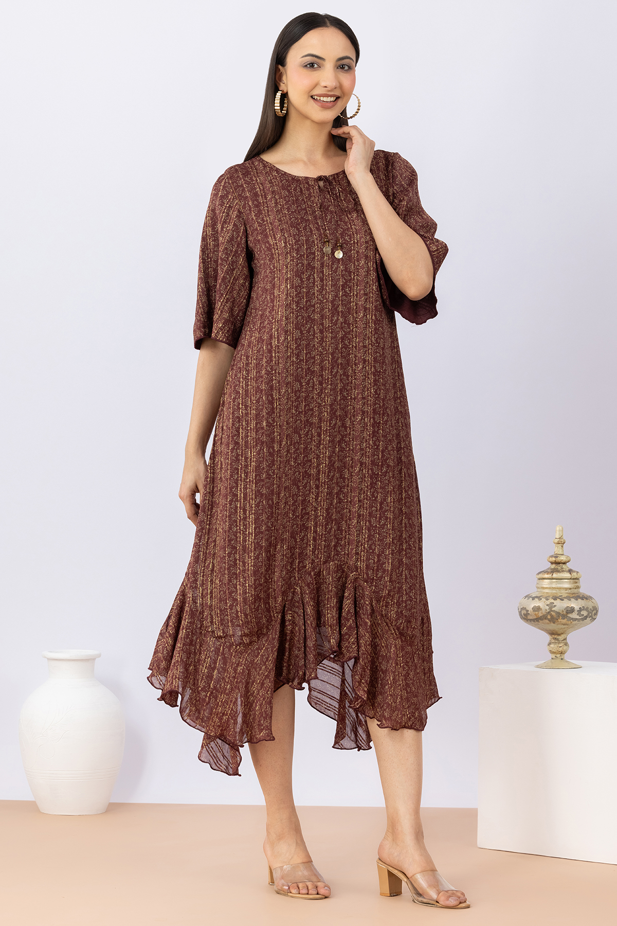 women printed dress brown viscose bamboo lurex round neck 3/4 sleeves