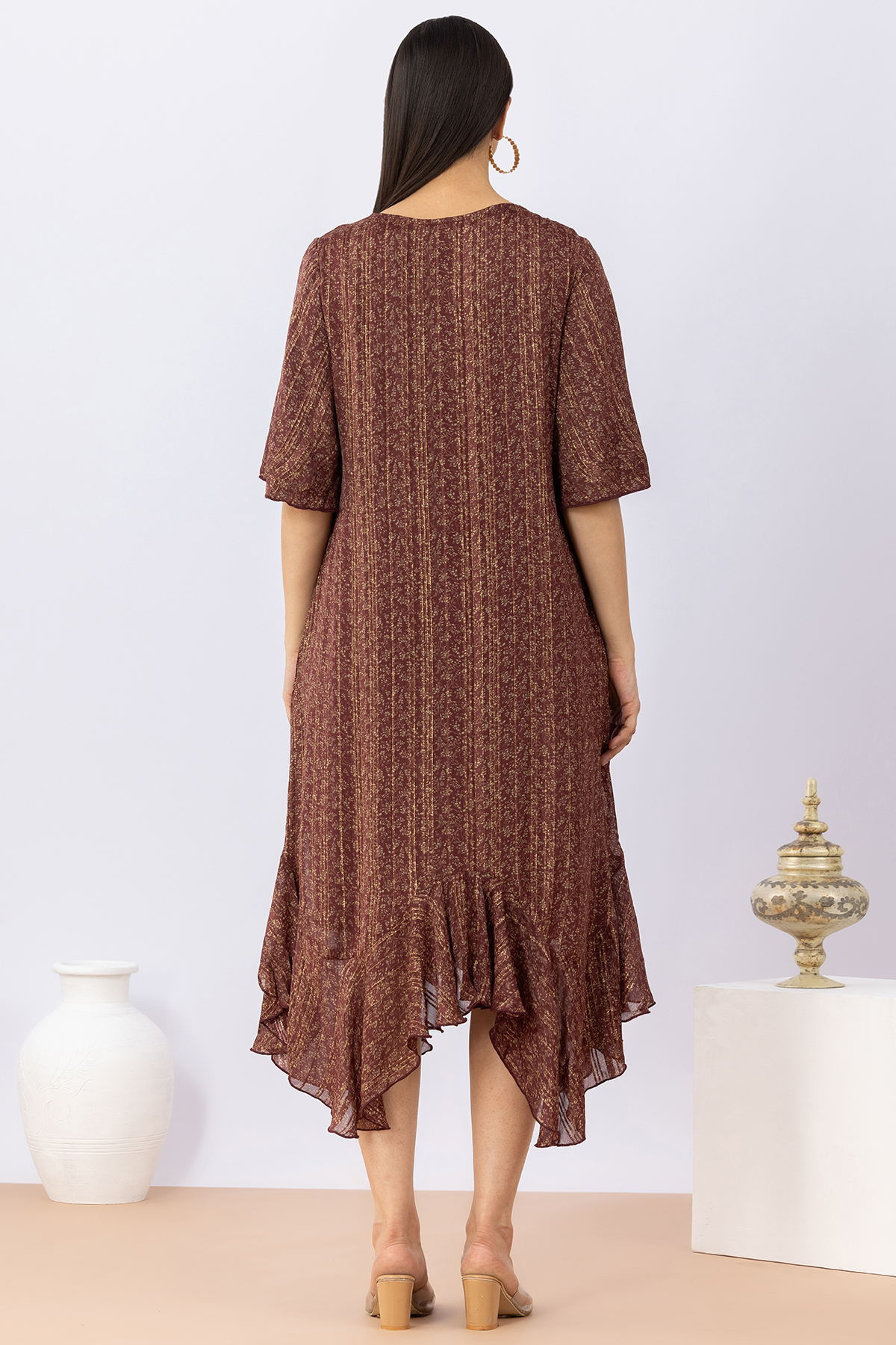 women printed dress brown viscose bamboo lurex round neck 3/4 sleeves
