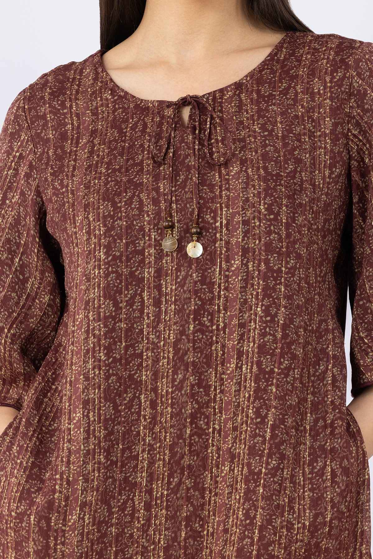 women printed dress brown viscose bamboo lurex round neck 3/4 sleeves