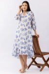 ladies sky blue dress printed georgette mandarin neck 3/4 sleeves casual wear