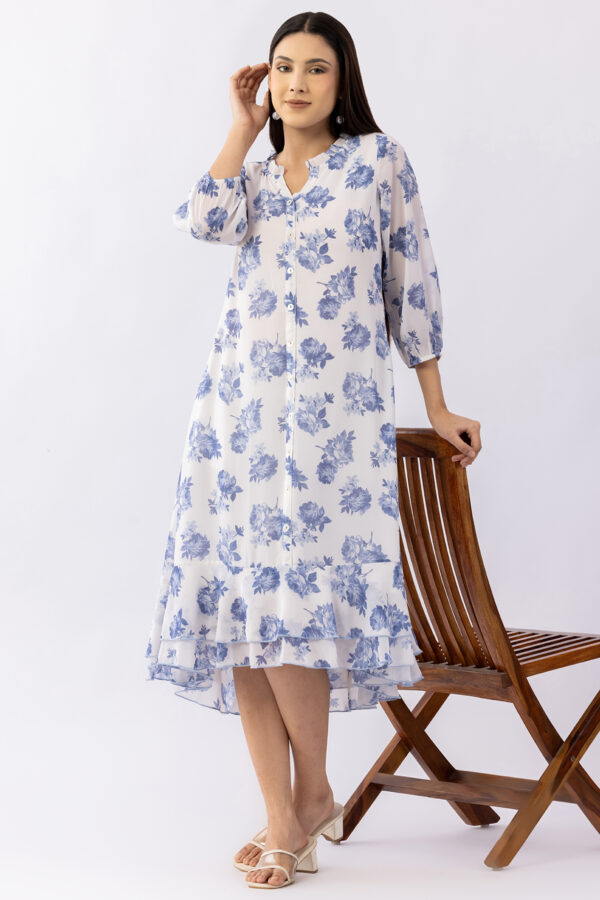 ladies sky blue dress printed georgette mandarin neck 3/4 sleeves casual wear