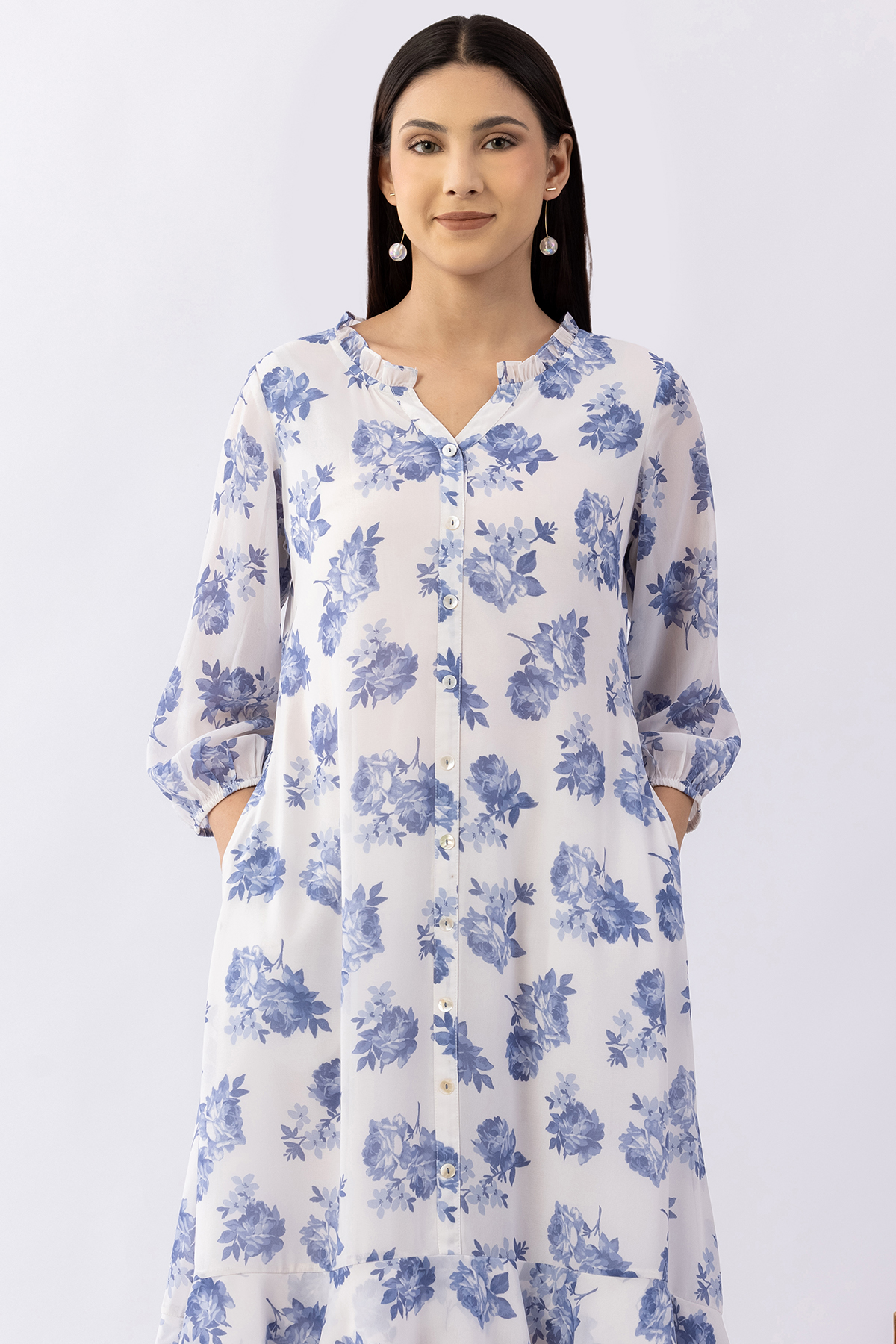 ladies sky blue dress printed georgette mandarin neck 3/4 sleeves casual wear