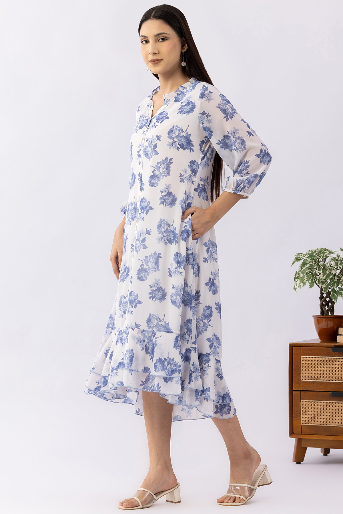 ladies sky blue dress printed georgette mandarin neck 3/4 sleeves casual wear