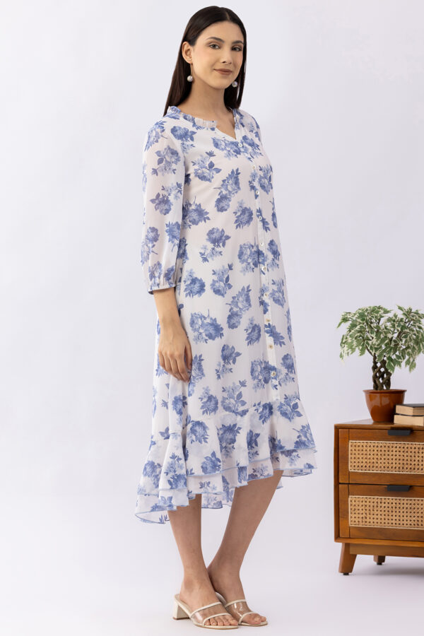 ladies sky blue dress printed georgette mandarin neck 3/4 sleeves casual wear
