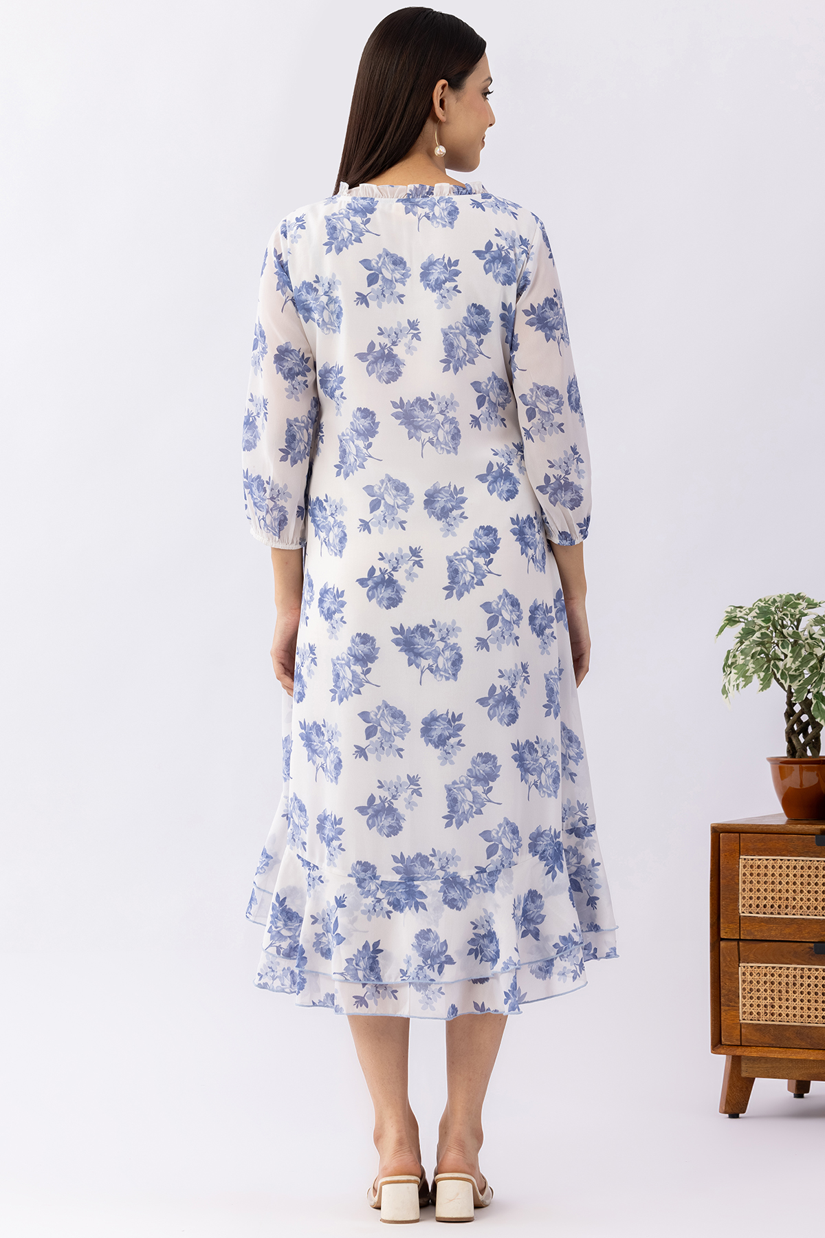 ladies sky blue dress printed georgette mandarin neck 3/4 sleeves casual wear