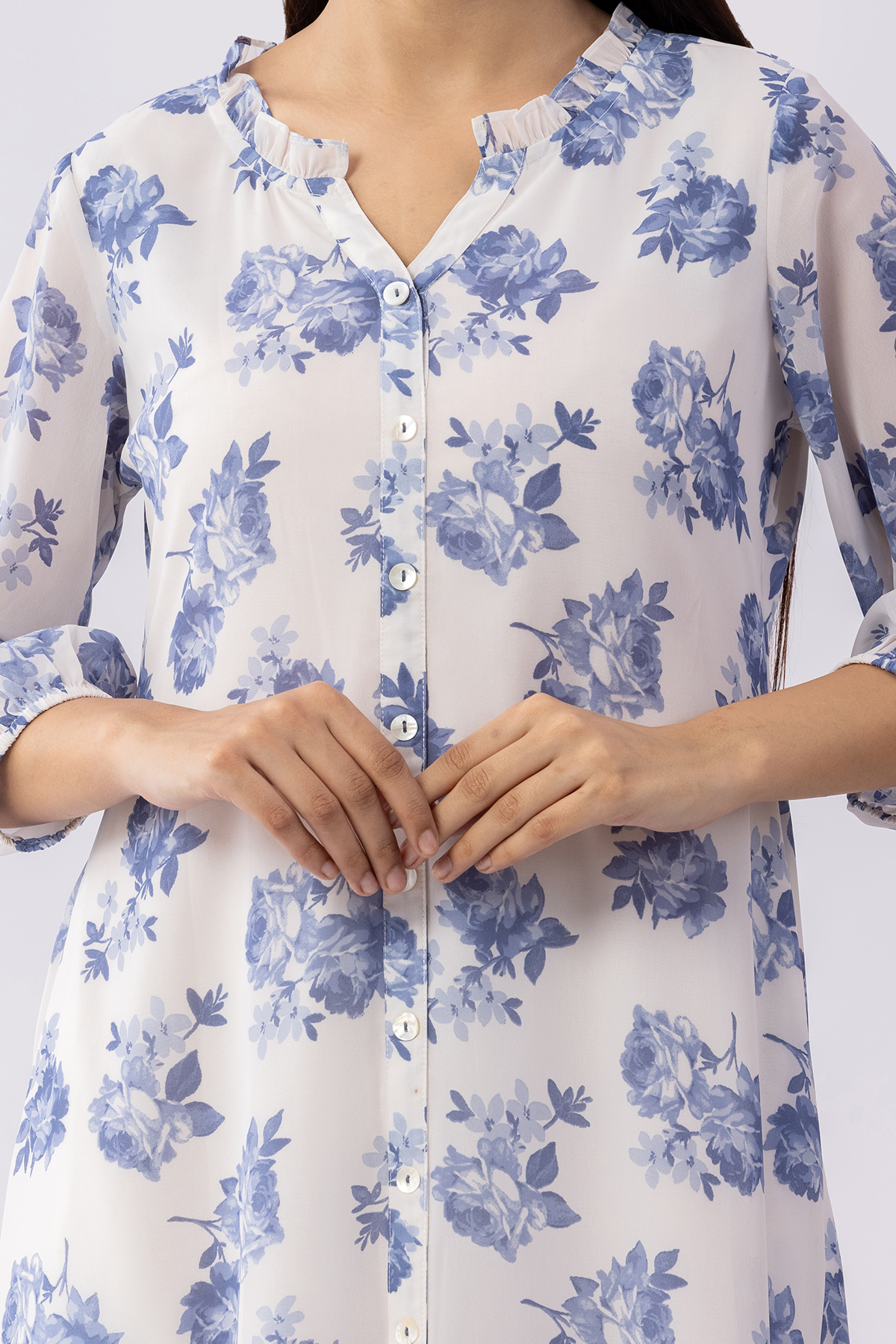 ladies sky blue dress printed georgette mandarin neck 3/4 sleeves casual wear