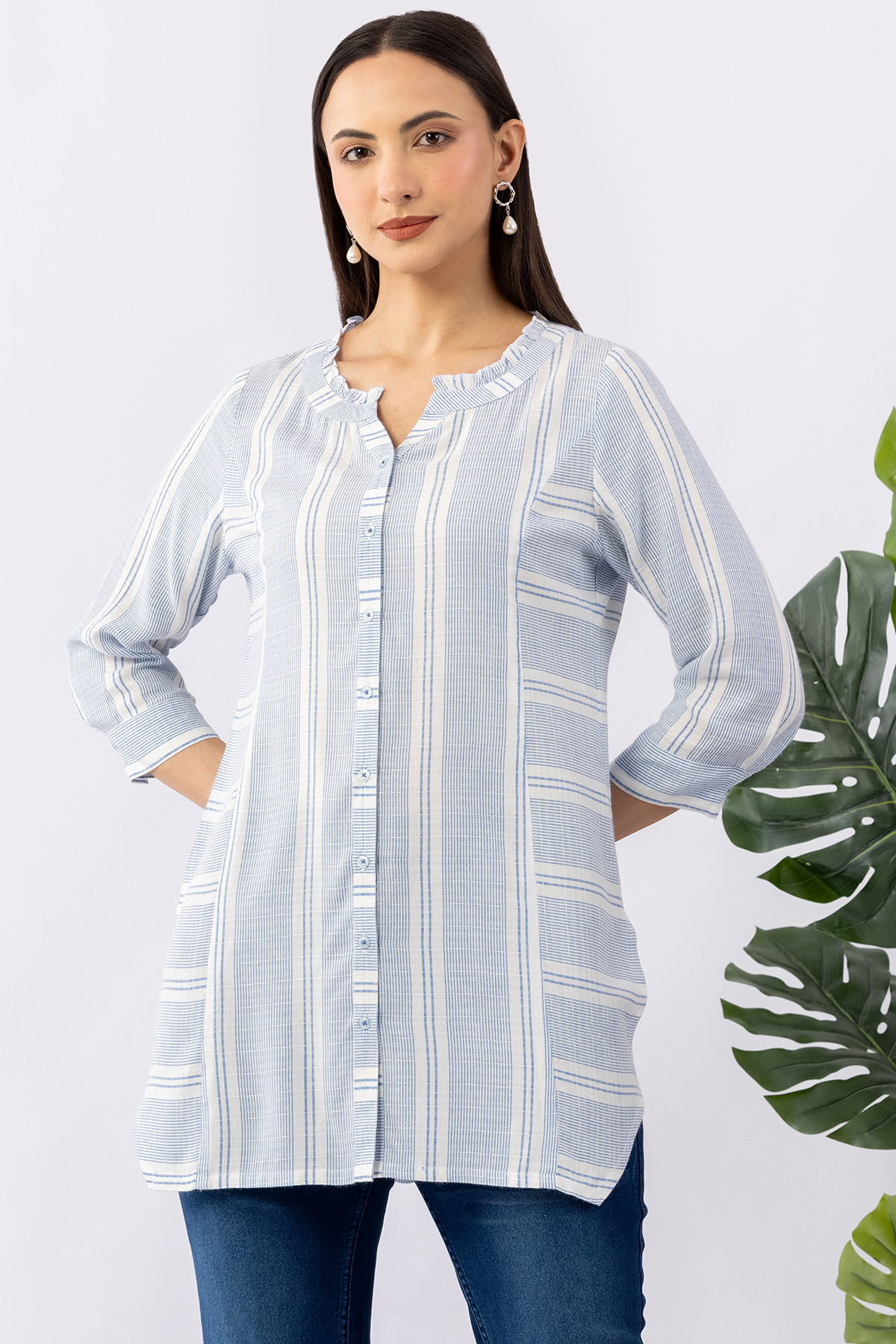 blue tunic women striped cotton dobby mandarin neck 3/4 sleeves regular fit