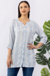 blue tunic women striped cotton dobby mandarin neck 3/4 sleeves regular fit